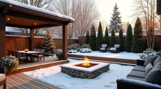Une cour arrière aménagée offrant un espace extérieur confortable avec terrasse, pergola, coin feu et végétation, utilisable toute l'année au Canada