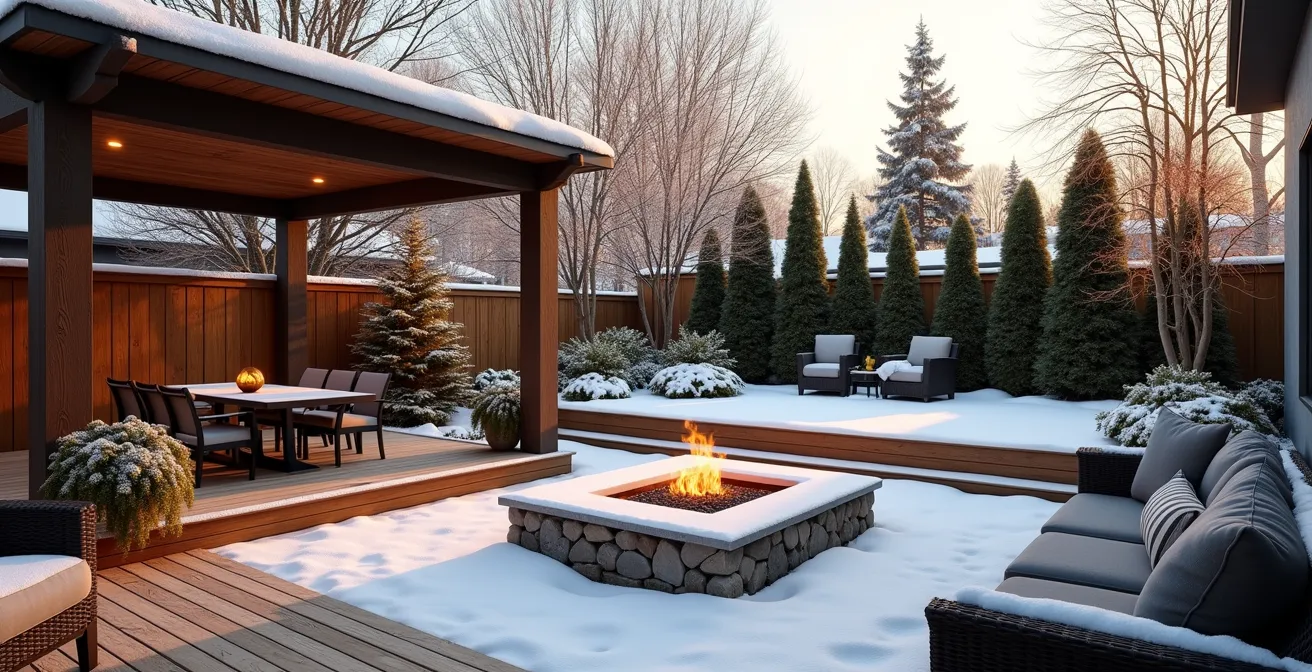 Une cour arrière aménagée offrant un espace extérieur confortable avec terrasse, pergola, coin feu et végétation, utilisable toute l'année au Canada