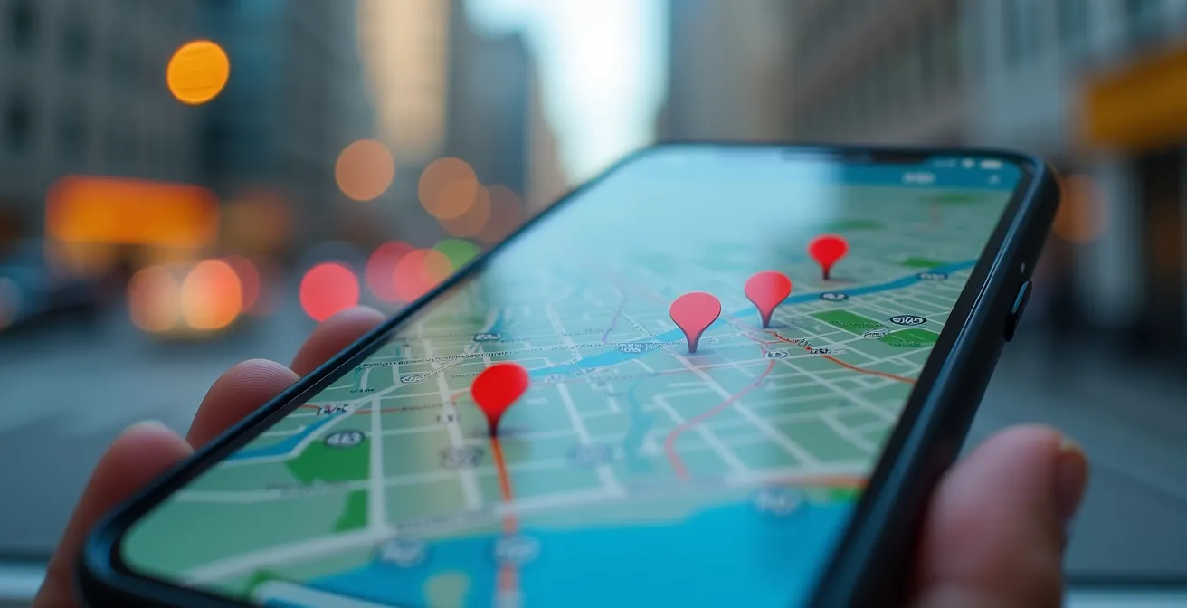 Illustration d'une application mobile montrant des places de stationnement disponibles en temps réel à Montréal
