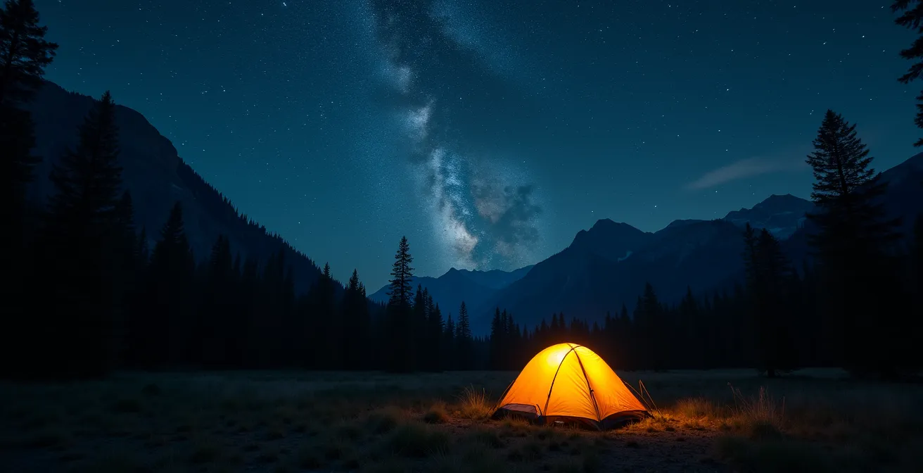Tente de camping sauvage installée dans une clairière avec vue sur un ciel étoilé intense dans les Rocheuses canadiennes