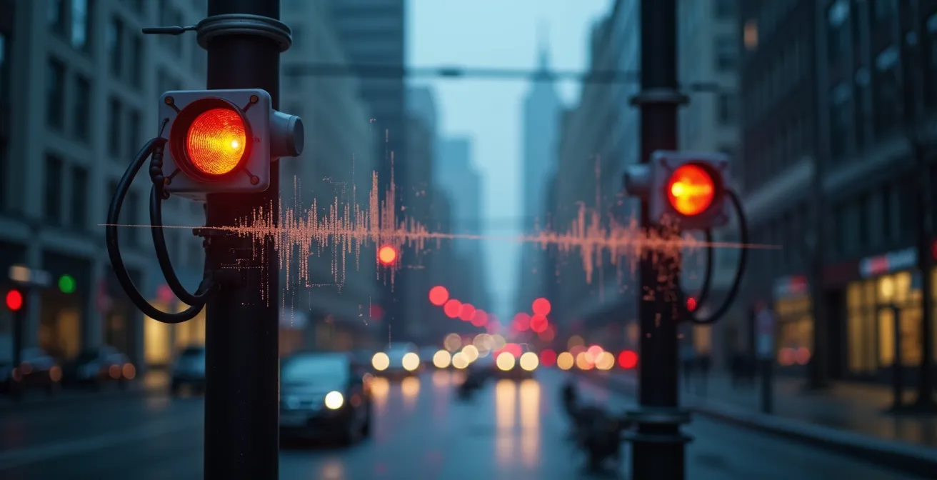 Illustration montrant des capteurs sonores installés en milieu urbain analysant les niveaux de bruit avec représentation graphique des sons