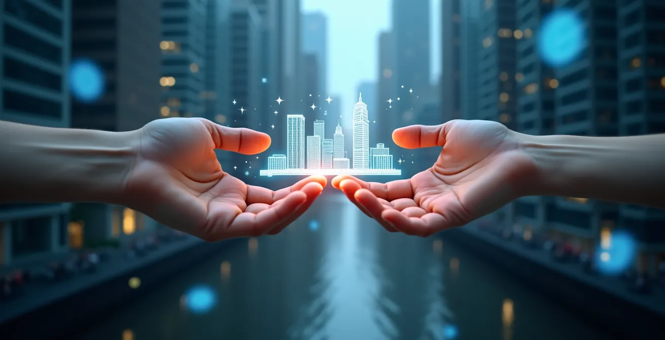 Illustration comparative symbolique des plateformes clicSÉQUR et ServiceOntario formant un pont digital entre citoyen et services gouvernementaux