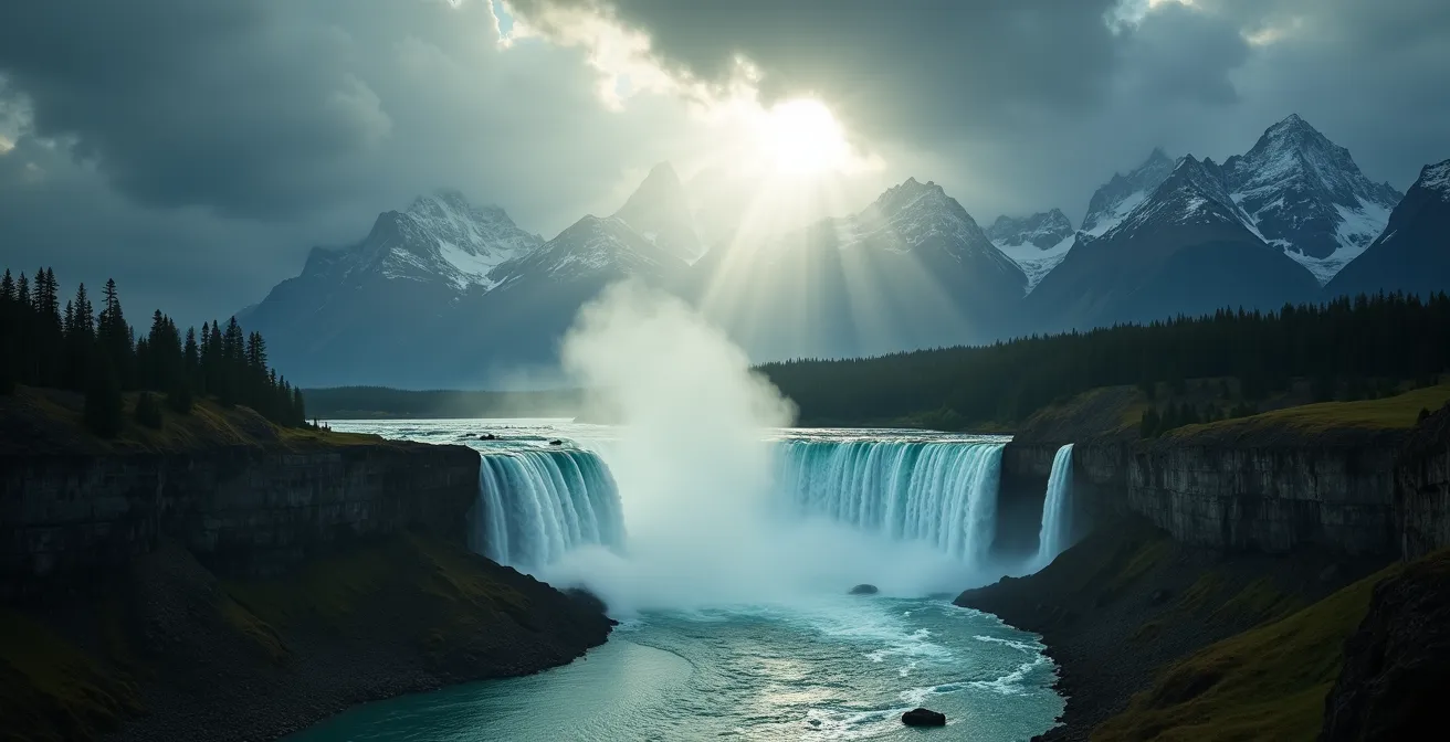 Paysage des Rocheuses canadiennes avec un ciel menaçant rappelant la météo changeante; en bordure les chutes du Niagara côté canadien sous un ciel lumineux.