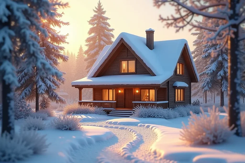 Maison canadienne traditionnelle en bois en hiver avec paysage enneigé et ciel dramatique d'hiver