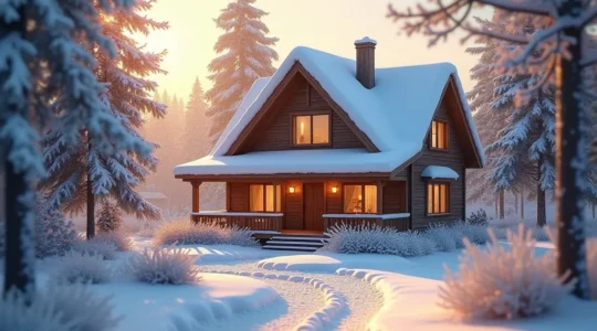 Maison canadienne traditionnelle en bois en hiver avec paysage enneigé et ciel dramatique d'hiver