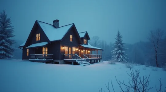 Une maison canadienne typique entourée de neige profonde, avec une toiture en pente raide et des fondations solides, sous un ciel hivernal.