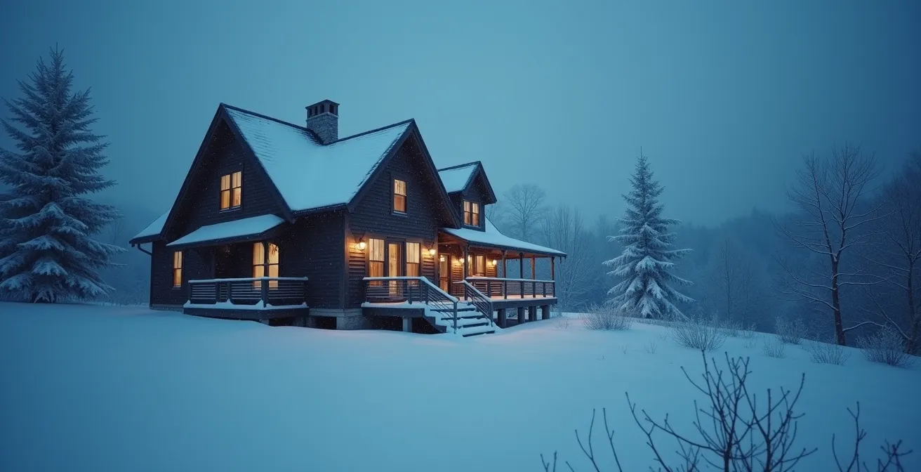 Une maison canadienne typique entourée de neige profonde, avec une toiture en pente raide et des fondations solides, sous un ciel hivernal.