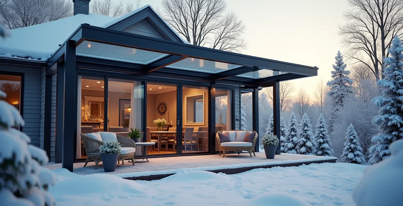 Terrasse d'hiver protégée par une pergola en aluminium avec panneaux vitrés amovibles sous la neige au Canada