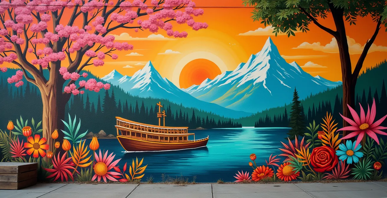 Illustration symbolique représentant la créativité canadienne à travers une mosaïque d'éléments culturels variés du Canada