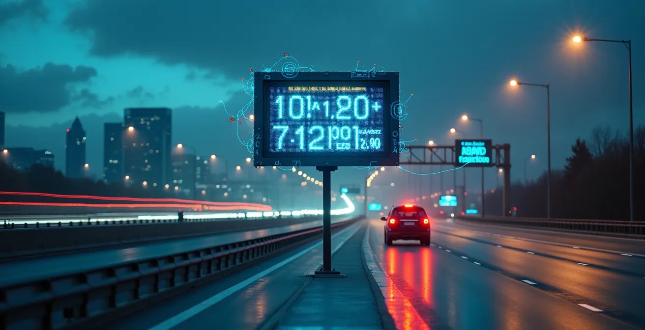 Panneaux électroniques d’information routière sur une autoroute canadienne sous un ciel nuageux