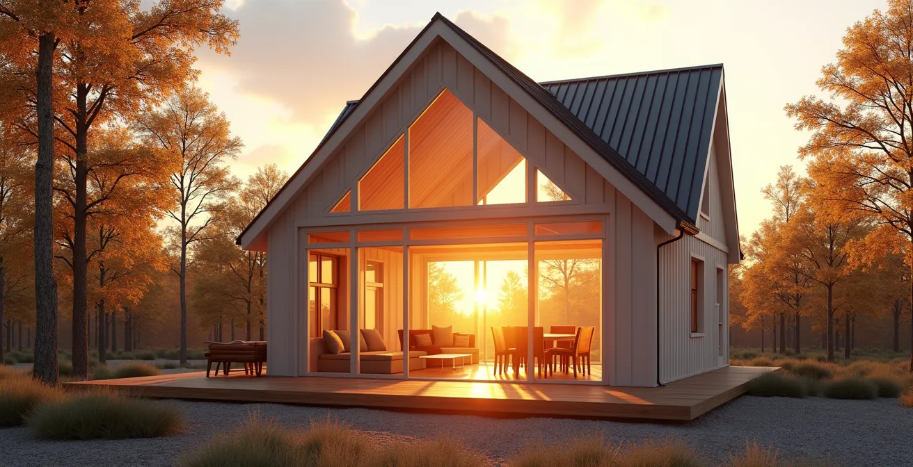 Maison canadienne exposée côté sud avec vitrage et masse thermique illustrant le design solaire passif