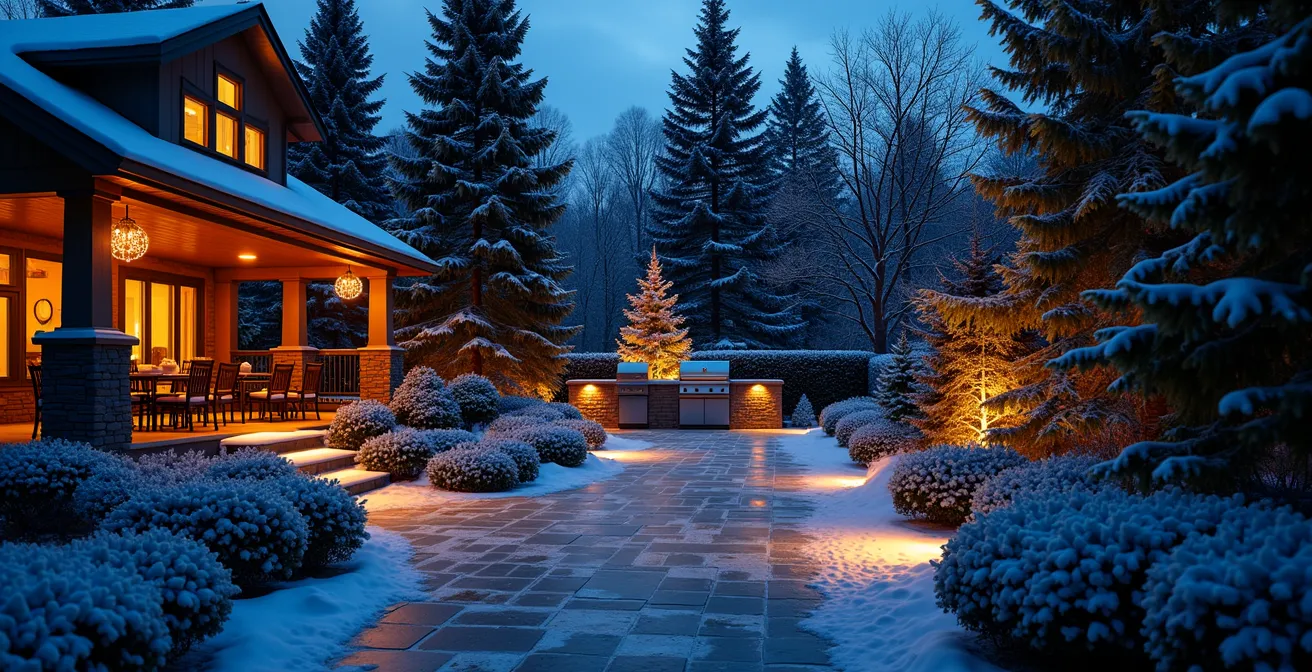 Éclairage d'un jardin en soirée d'été avec couches de lumière et technologies domotiques
