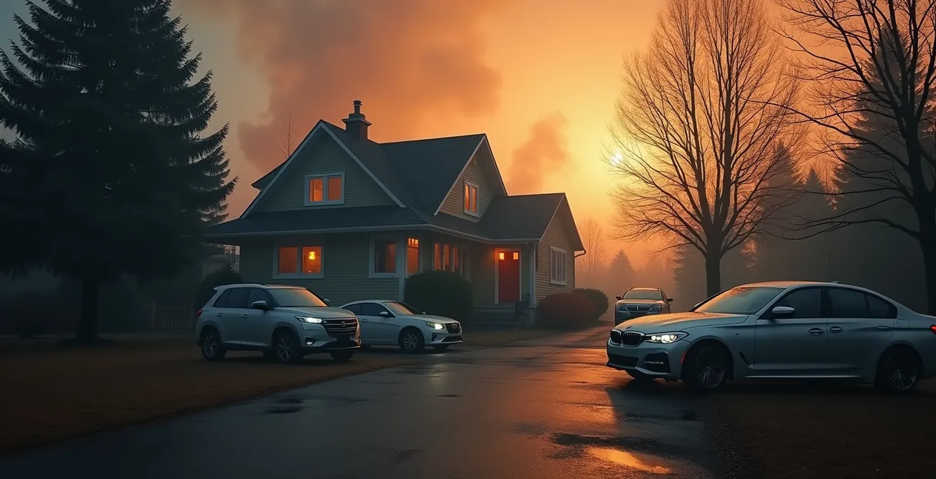 Maison unifamiliale canadienne entourée d'automobiles, avec un arrière-plan d'incendies de forêt et pollution atmosphérique