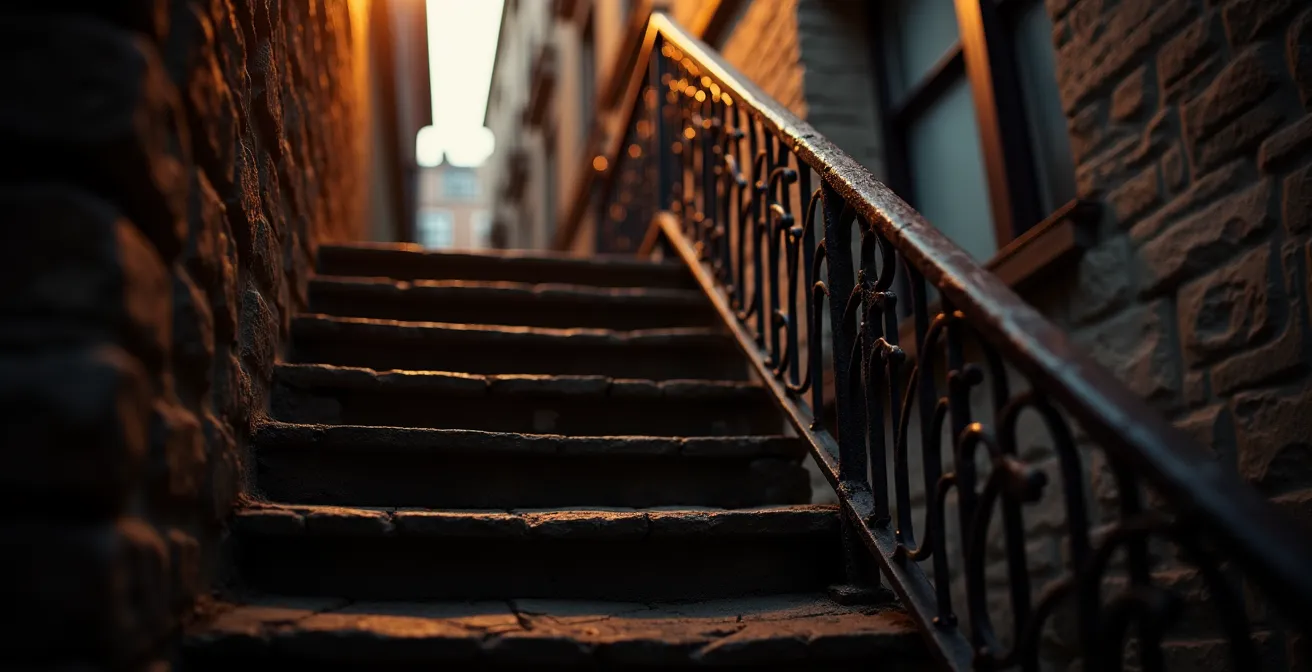 Photographie évocatrice d’un ancien escalier en fer historique du Vieux-Québec, sous un éclairage doux au crépuscule
