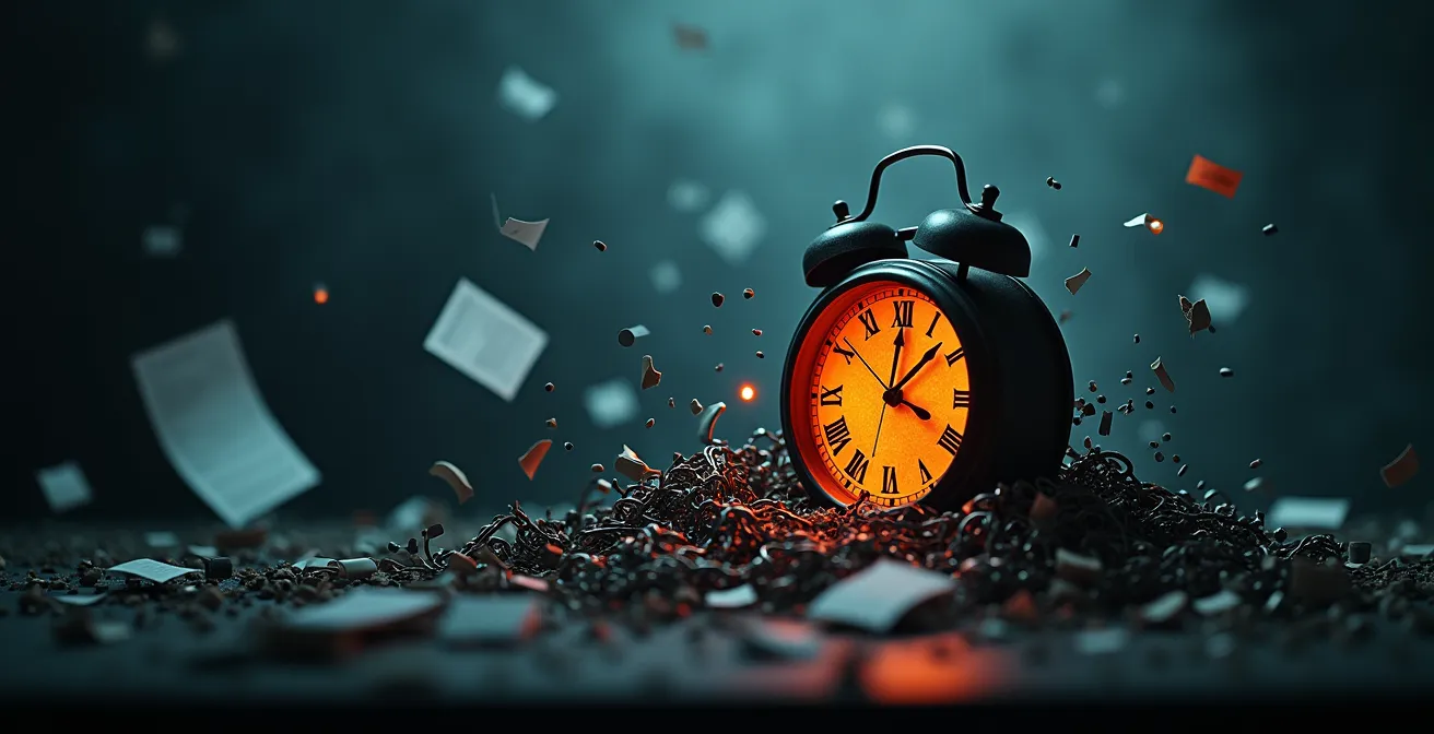 Illustration symbolique d’un système informatique gouvernemental délabré en panne, avec des chaînes brisées et des documents administratifs en désordre