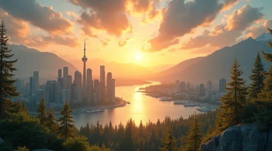 Vue panoramique symbolique du Canada intégrant des éléments culturels autochtones, des quartiers urbains modernes et des paysages naturels vastes
