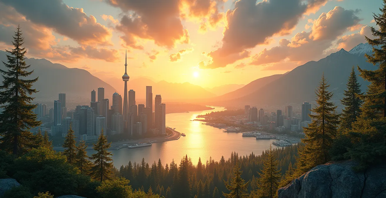 Vue panoramique symbolique du Canada intégrant des éléments culturels autochtones, des quartiers urbains modernes et des paysages naturels vastes