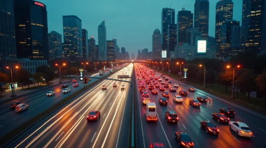 Vue aérienne d'une grande ville canadienne avec un réseau routier complexe illustrant la gestion active du trafic urbain