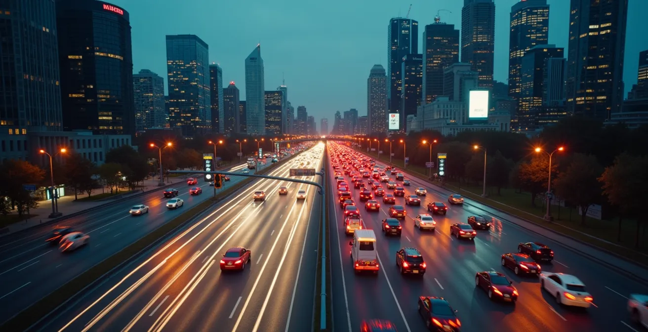 Vue aérienne d'une grande ville canadienne avec un réseau routier complexe illustrant la gestion active du trafic urbain