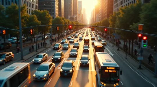 Vue aérienne d'une grande intersection urbaine canadienne avec un trafic dense et des panneaux de signalisation électroniques, illustrant la gestion moderne du trafic en ville