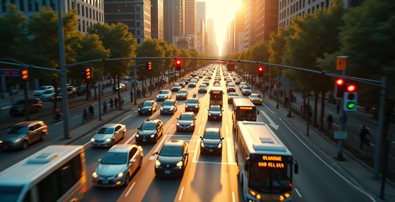 Vue aérienne d'une grande intersection urbaine canadienne avec un trafic dense et des panneaux de signalisation électroniques, illustrant la gestion moderne du trafic en ville