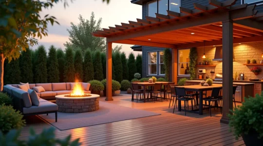 Une cour arrière aménagée comme une pièce de vie extérieure avec terrasse, mobilier, feu de camp et végétation adaptée au climat canadien