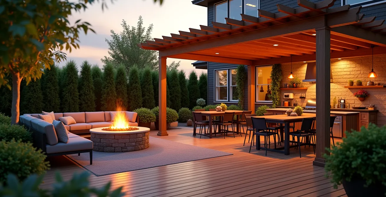 Une cour arrière aménagée comme une pièce de vie extérieure avec terrasse, mobilier, feu de camp et végétation adaptée au climat canadien