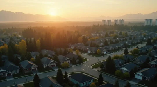 Vue panoramique d'un quartier résidentiel canadien avec maisons unifamiliales et condos, en arrière-plan un paysage naturel avec forêts et montagnes