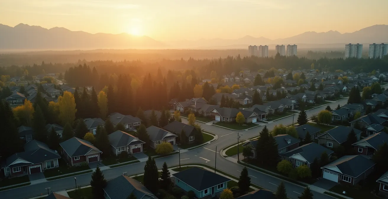 Vue panoramique d'un quartier résidentiel canadien avec maisons unifamiliales et condos, en arrière-plan un paysage naturel avec forêts et montagnes
