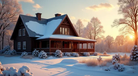 Vue symbolique d'une maison canadienne traditionnelle avec des éléments représentatifs des différentes régions et époques du Canada, sous un ciel aux couleurs hivernales douces