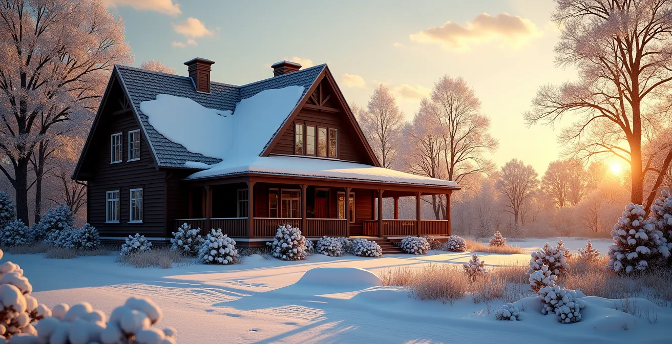 Vue symbolique d'une maison canadienne traditionnelle avec des éléments représentatifs des différentes régions et époques du Canada, sous un ciel aux couleurs hivernales douces
