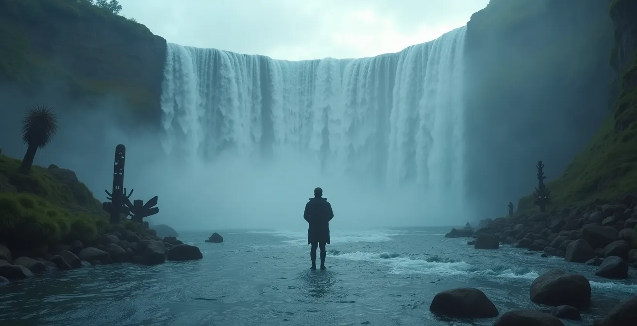 Représentation symbolique des chutes du Niagara avec des éléments autochtones et spirituels, évoquant la légende et la culture des Premières Nations.