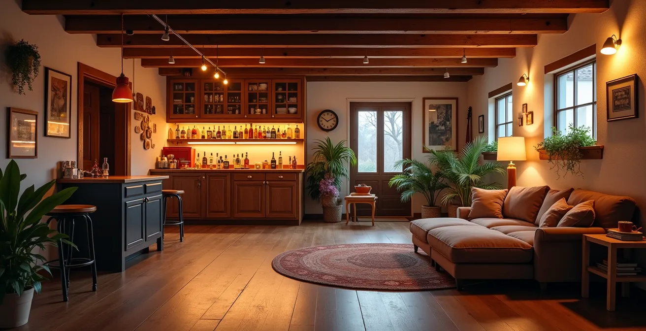 Vue intérieure d’un sous-sol canadien aménagé comme salle de loisirs moderne avec espace atelier, bar et coin musique