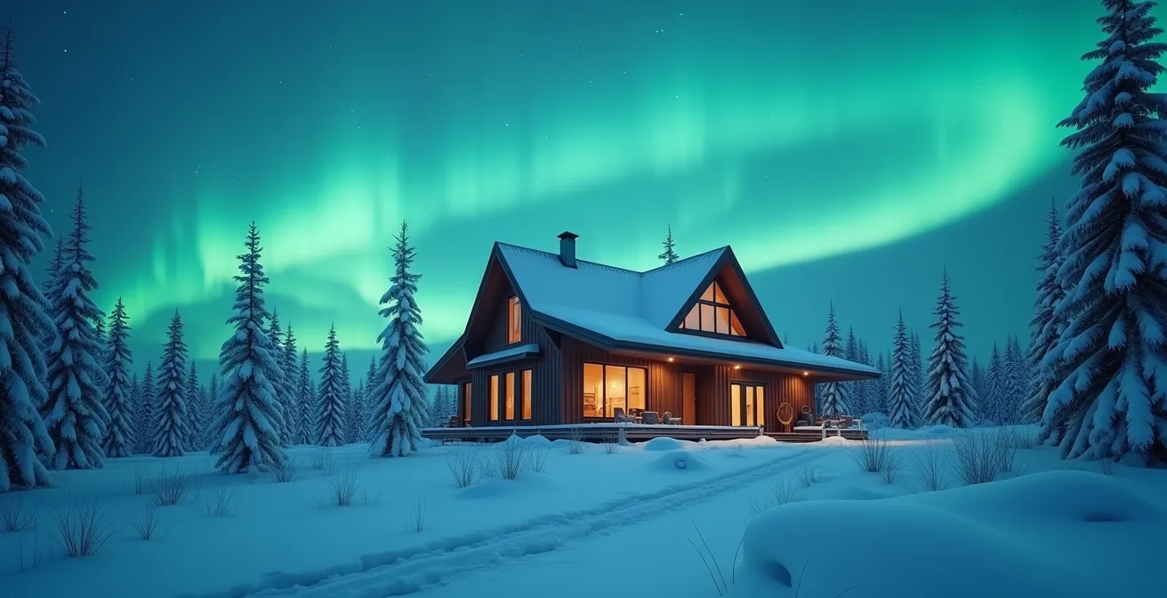 Maison traditionnelle autochtone moderne dans le Grand Nord canadien entourée de neige et aurores boréales
