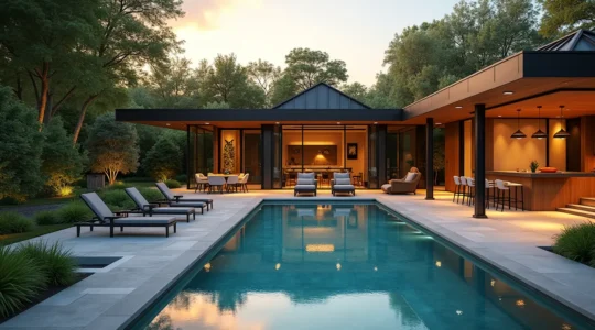 Un jardin estival canadien aménagé comme un resort privé avec piscine, cuisine extérieure, éclairage et aire de jeux.