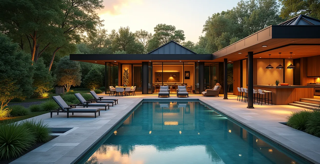 Un jardin estival canadien aménagé comme un resort privé avec piscine, cuisine extérieure, éclairage et aire de jeux.