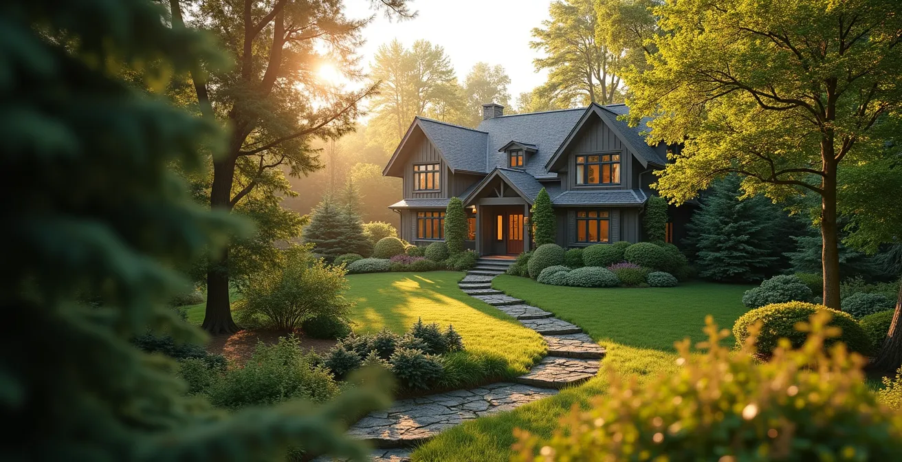 Jardin avec haies de conifères et arbres feuillus protégeant une maison canadienne des vents et de la neige