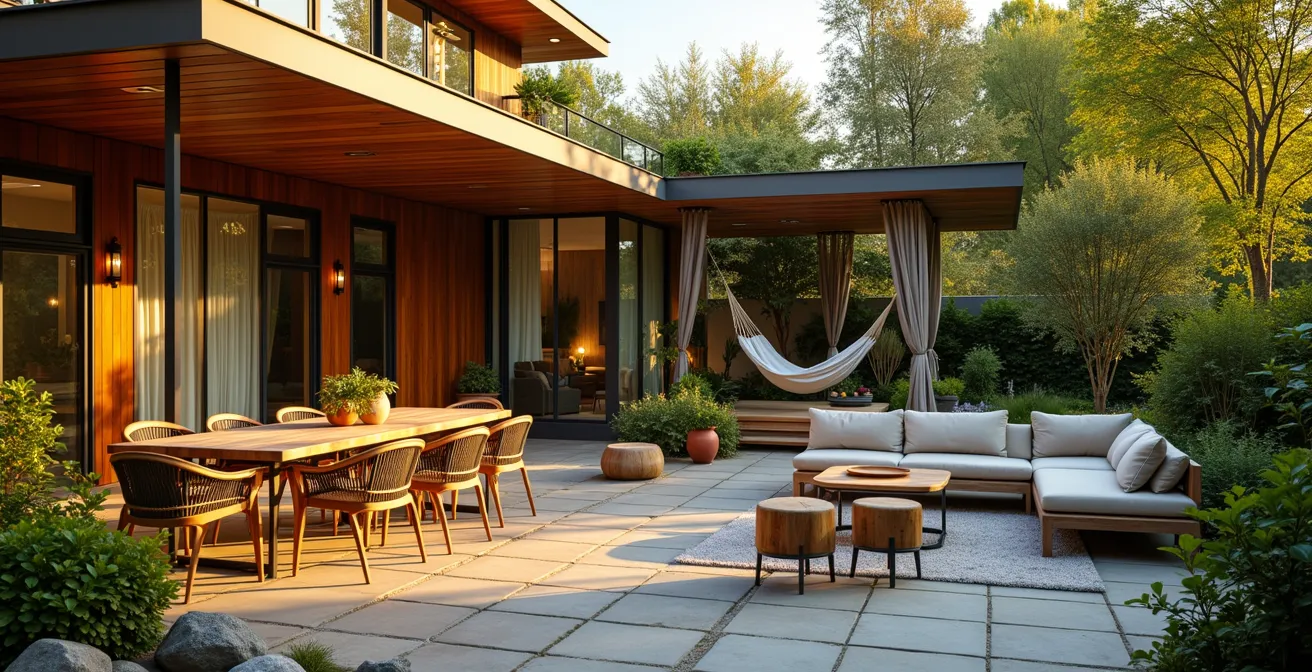 Jardin aménagé avec plusieurs zones fonctionnelles pour l'été au Canada, éclairage intelligent et mobilier cosy