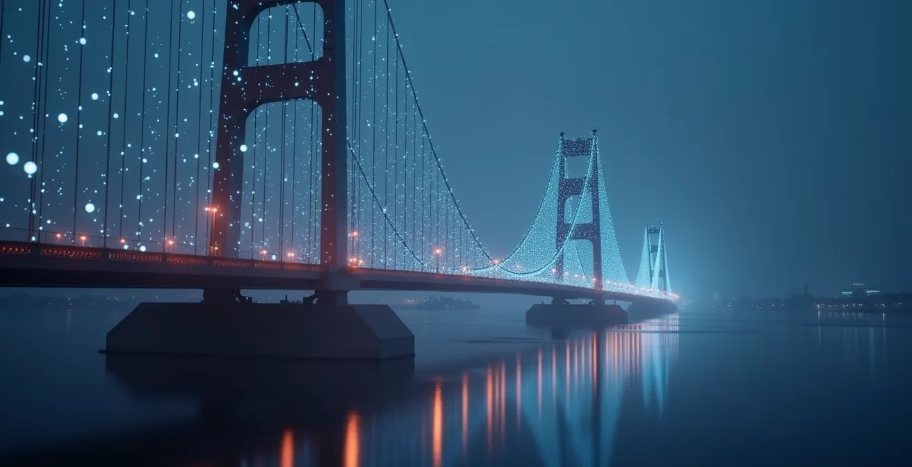 Vue 3D d’un pont avec visualisation informatique des capteurs vibratoires et mesures structurelles, pour surveillance prédictive