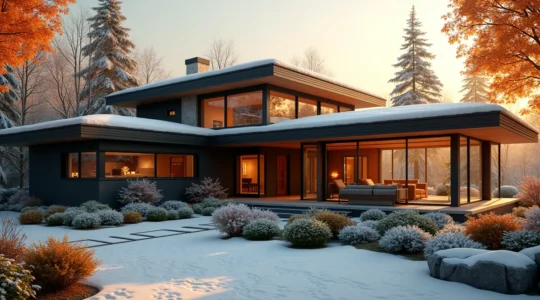 Maison moderne quatre saisons au Canada intégrant des éléments de design solaire passif, isolation naturelle et jardin protecteur