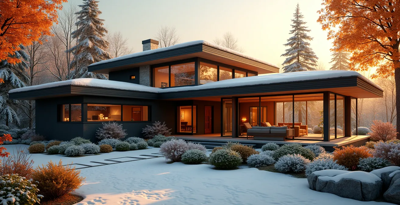 Maison moderne quatre saisons au Canada intégrant des éléments de design solaire passif, isolation naturelle et jardin protecteur