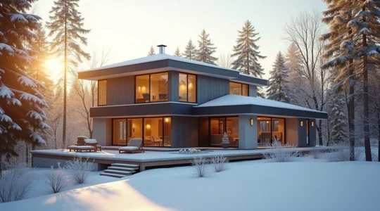 Vue extérieure d'une maison moderne conçue pour être confortable en hiver comme en été au Québec, intégrant des éléments de design solaire passif et de végétation
