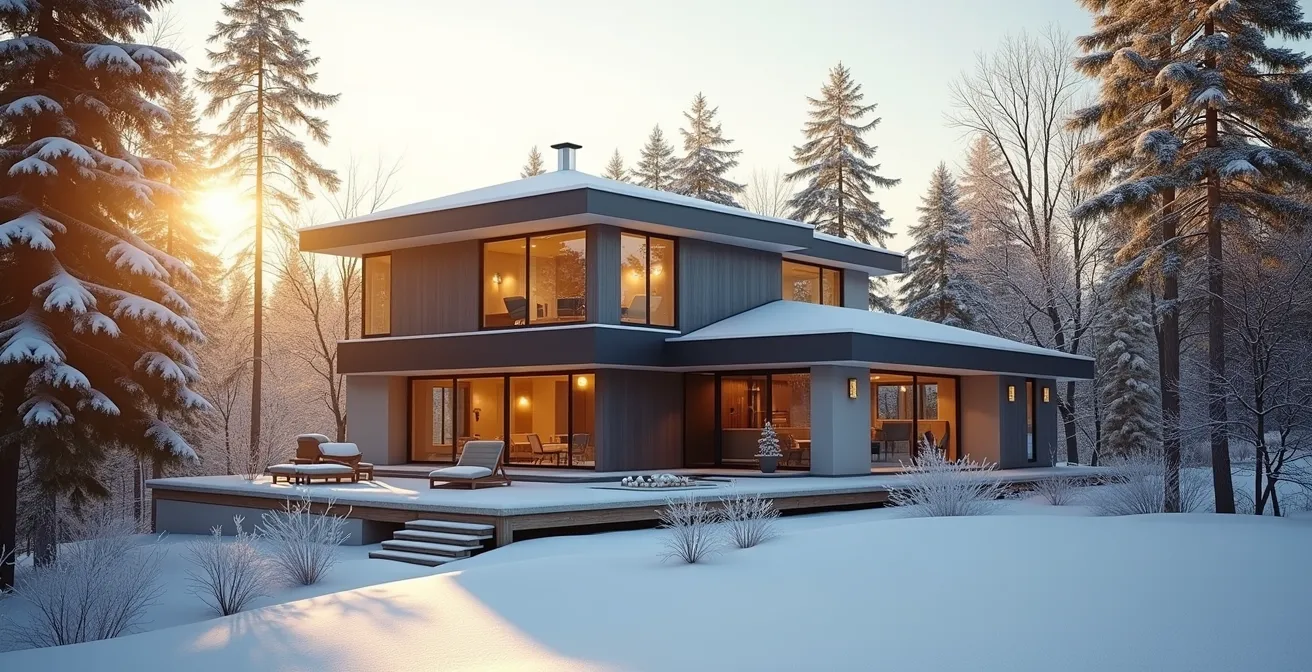 Vue extérieure d'une maison moderne conçue pour être confortable en hiver comme en été au Québec, intégrant des éléments de design solaire passif et de végétation