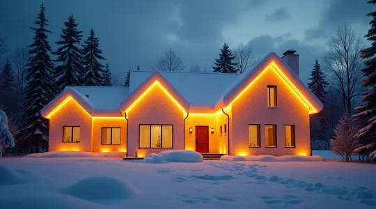 Maison canadienne moderne transformée en forteresse thermique avec isolation visible et symbole de confort hivernal