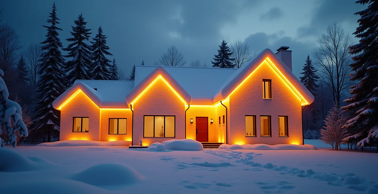 Maison canadienne moderne transformée en forteresse thermique avec isolation visible et symbole de confort hivernal