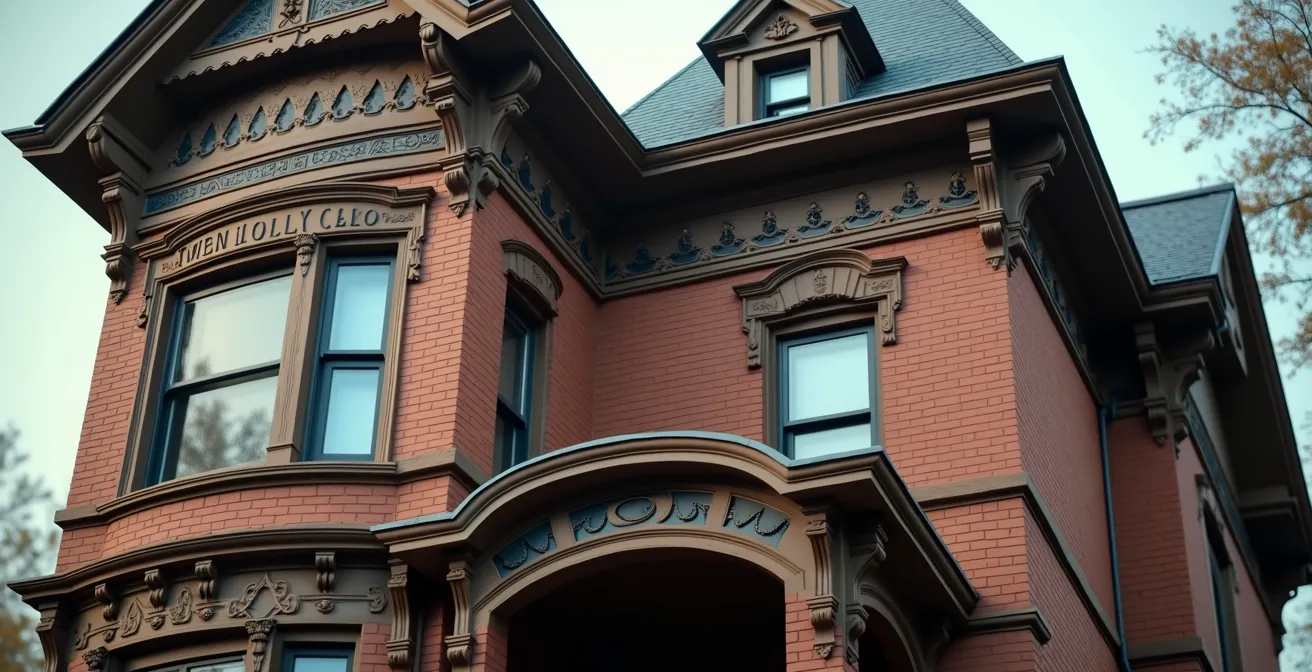 Façade richement ornementée d’une maison victorienne typique avec tourelle et boiseries au centre-ville canadien