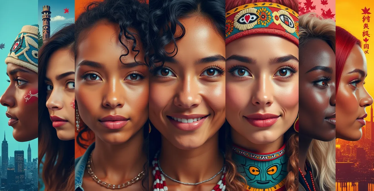 Illustration représentant la diversité culturelle canadienne par des visages multiples et des éléments symboliques de différentes communautés