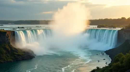 Vue panoramique des chutes du Niagara avec le rideau d'eau spectaculaire, entouré de nature et de visiteurs émerveillés.