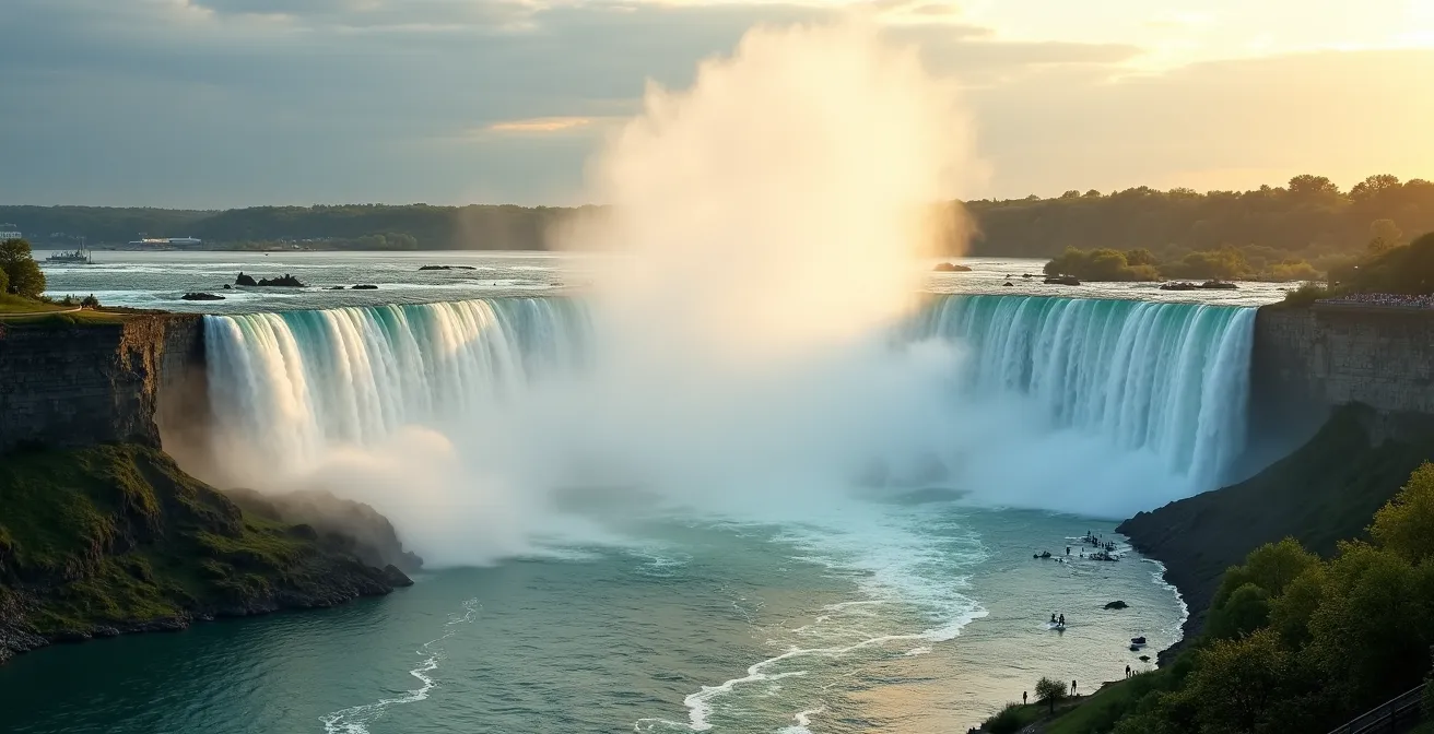 Vue panoramique des chutes du Niagara avec le rideau d'eau spectaculaire, entouré de nature et de visiteurs émerveillés.