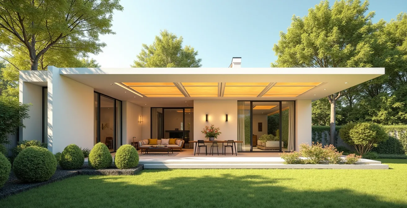 Maison canadienne avec protections solaires extérieures comme brise-soleil, auvents et arbres à feuilles caduques